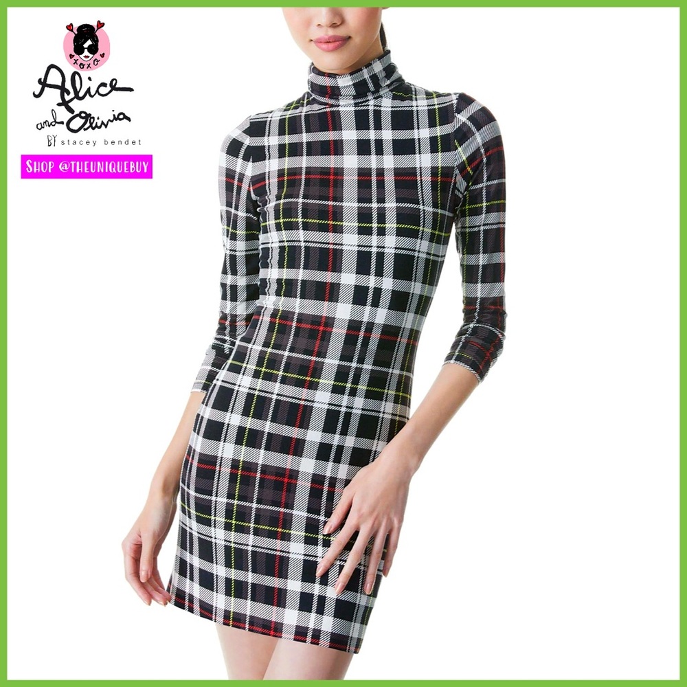Alice + Olivia Delora Plaid Fitted Black White Multi Mini Dress - Picture 9 of 17